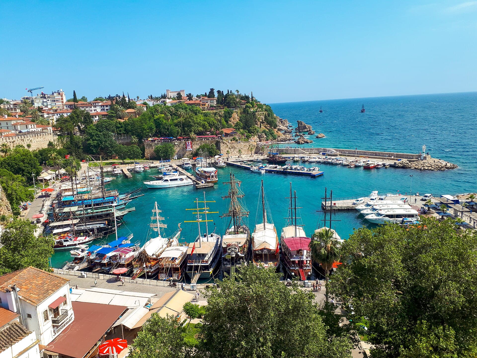 The old harbour of Kaleiçi in Antalya, seen from the cliffs above