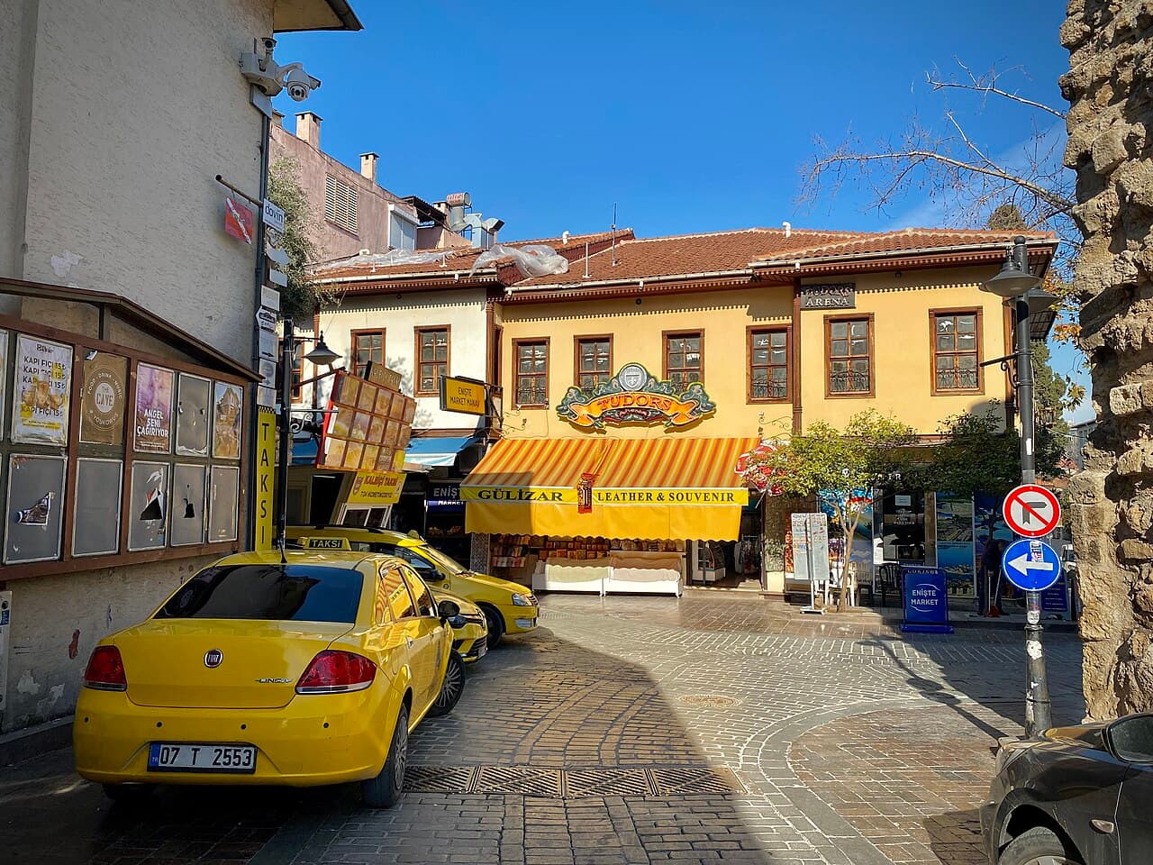 Yellow taxis parked in Kaleiçi, Antalya’s old town