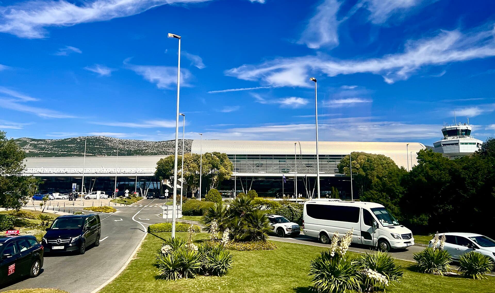 The terminal building of Dubrovnik Airport seen from the forecourt