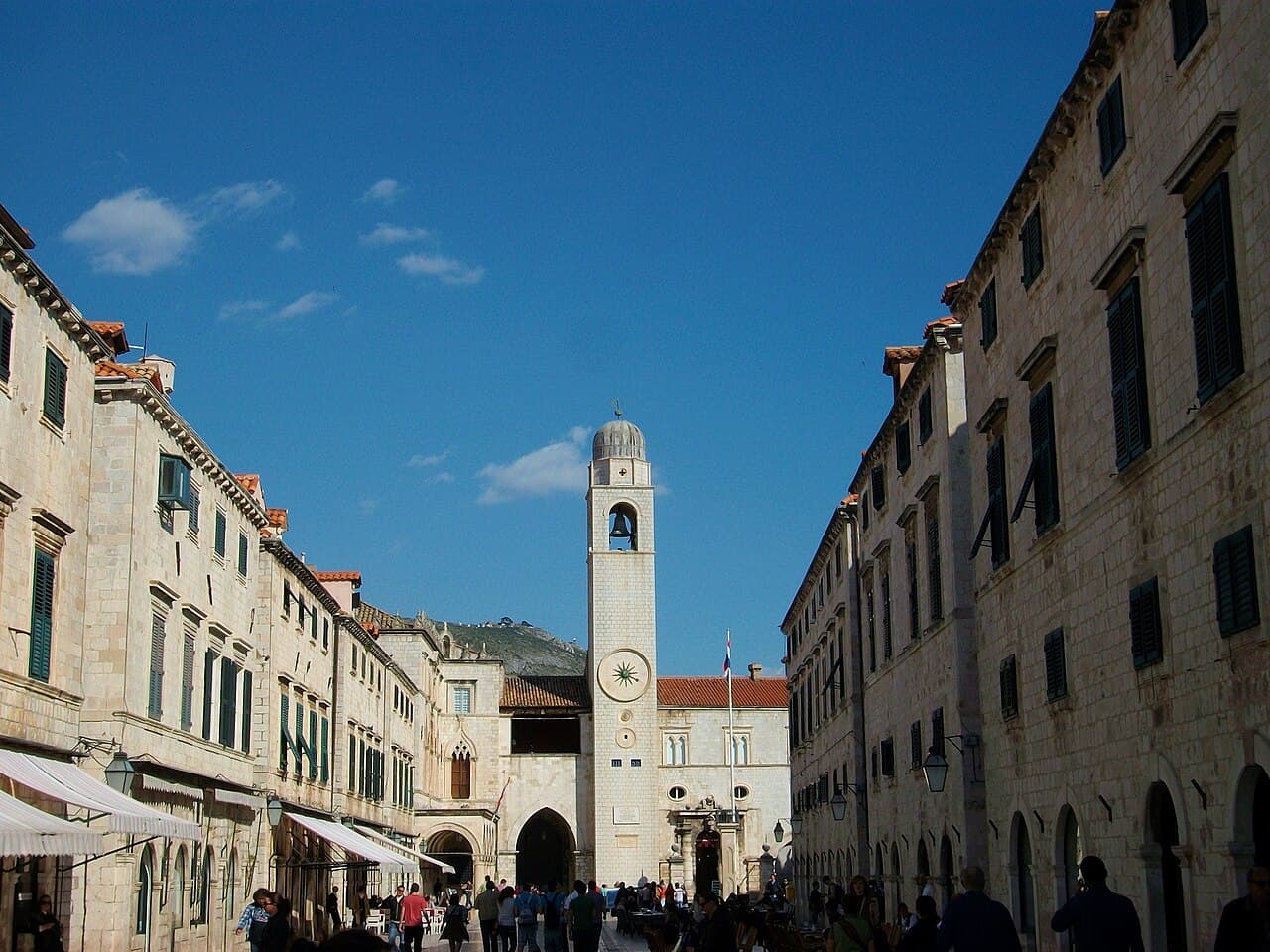 The limestone paving of Stradun leading to the bell tower in Dubrovnik’s Old Town