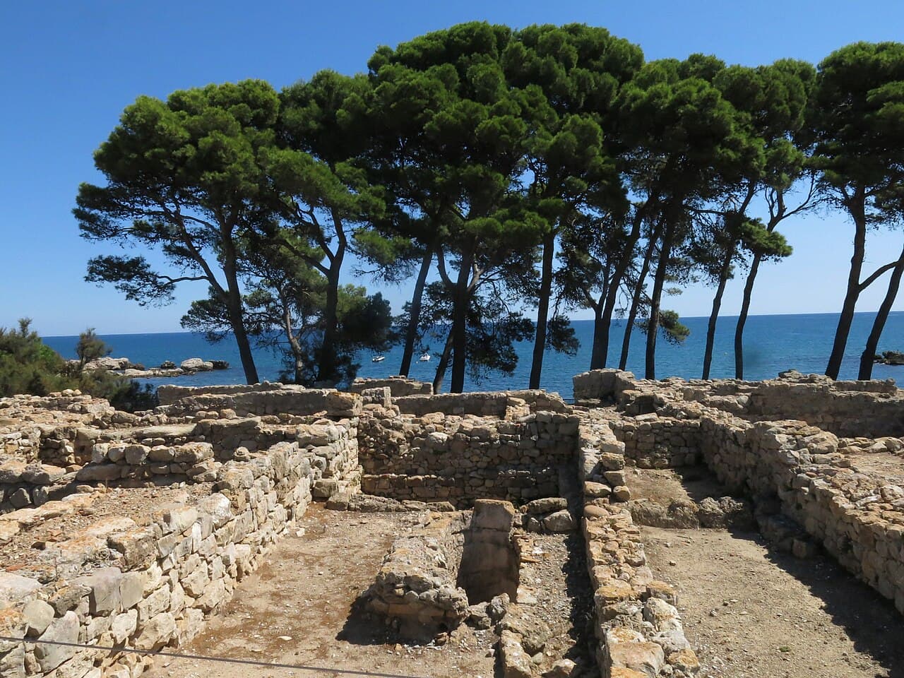 Stone foundations of the Greek town at Empúries, with umbrella pines and the sea behind