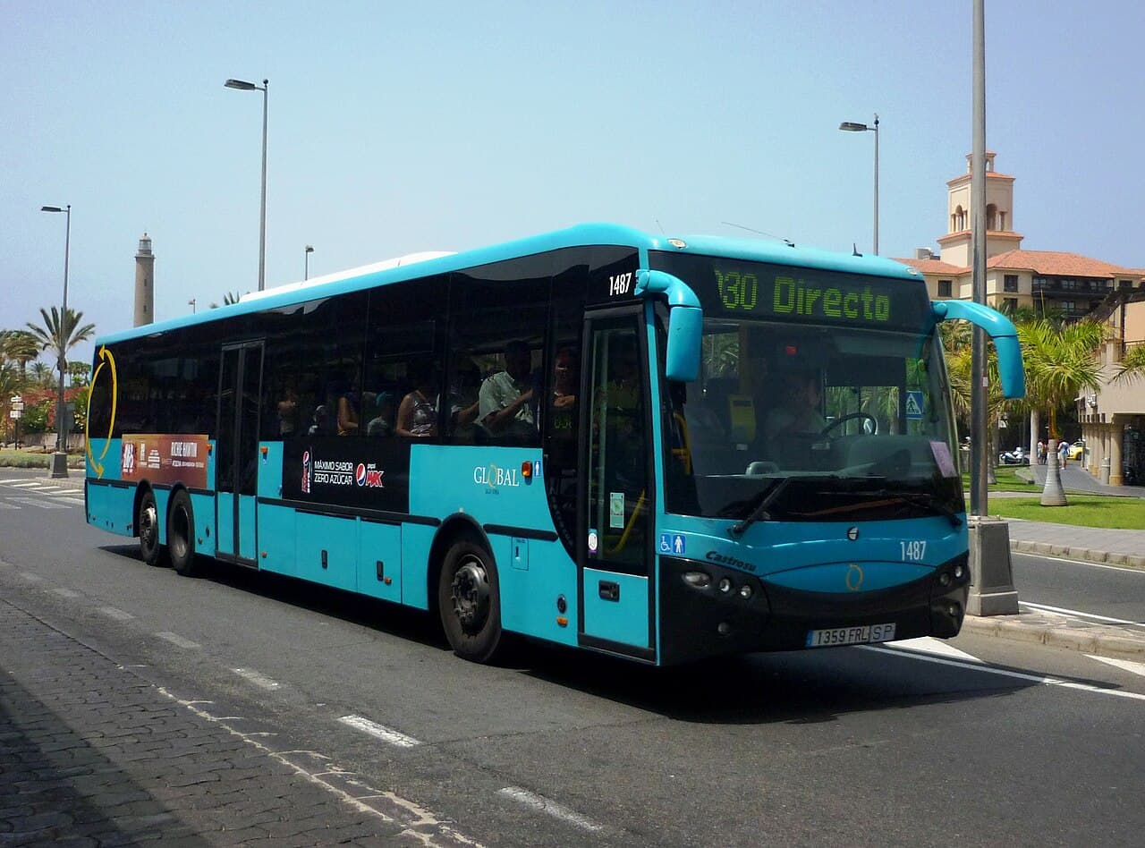 A blue Global bus at the Faro de Maspalomas bus station in the south of Gran Canaria