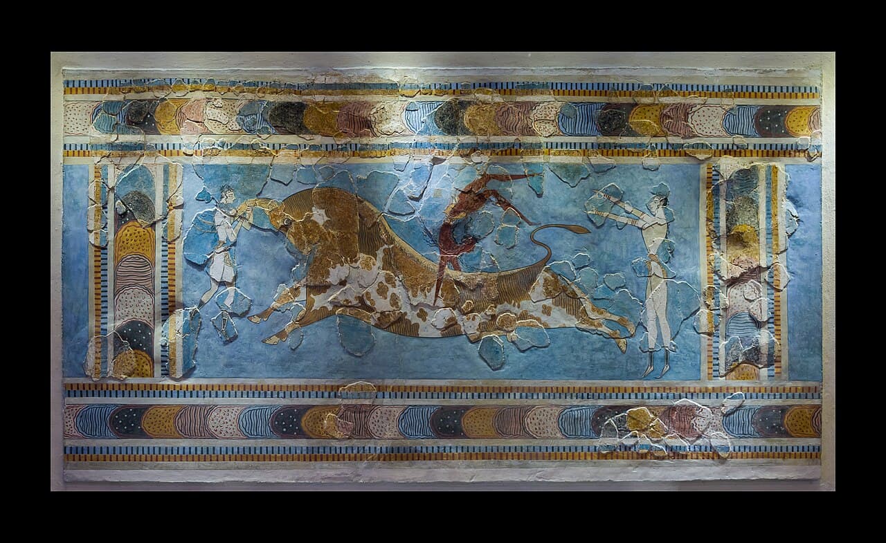 The Minoan Bull-Leaping Fresco on display at the Heraklion Archaeological Museum