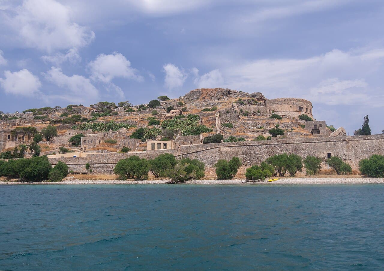 Spinalonga island and its fortifications seen across the water from the west