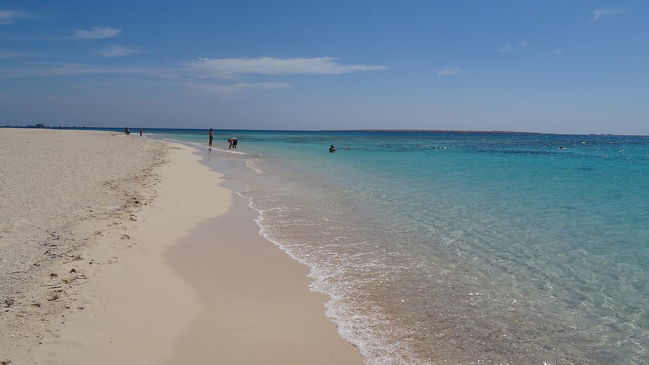A white sand beach and turquoise water on Giftun Island
