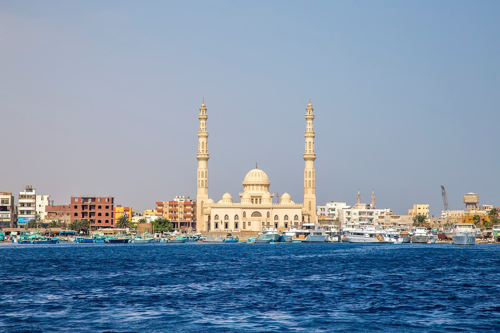 The Hurghada seafront seen from the water, with the two minarets of El Mina Mosque