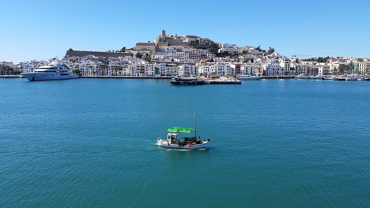 The white houses of Dalt Vila rising to the cathedral above Ibiza’s harbour