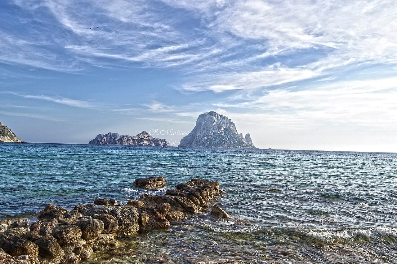 Es Vedrà rising from the sea off the south-west coast of Ibiza