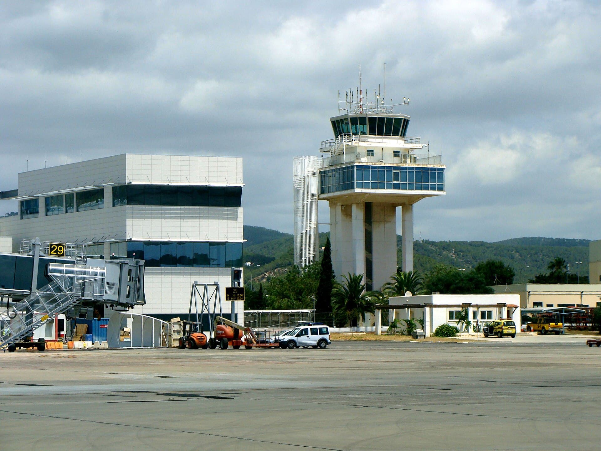 The control tower and apron at Ibiza Airport