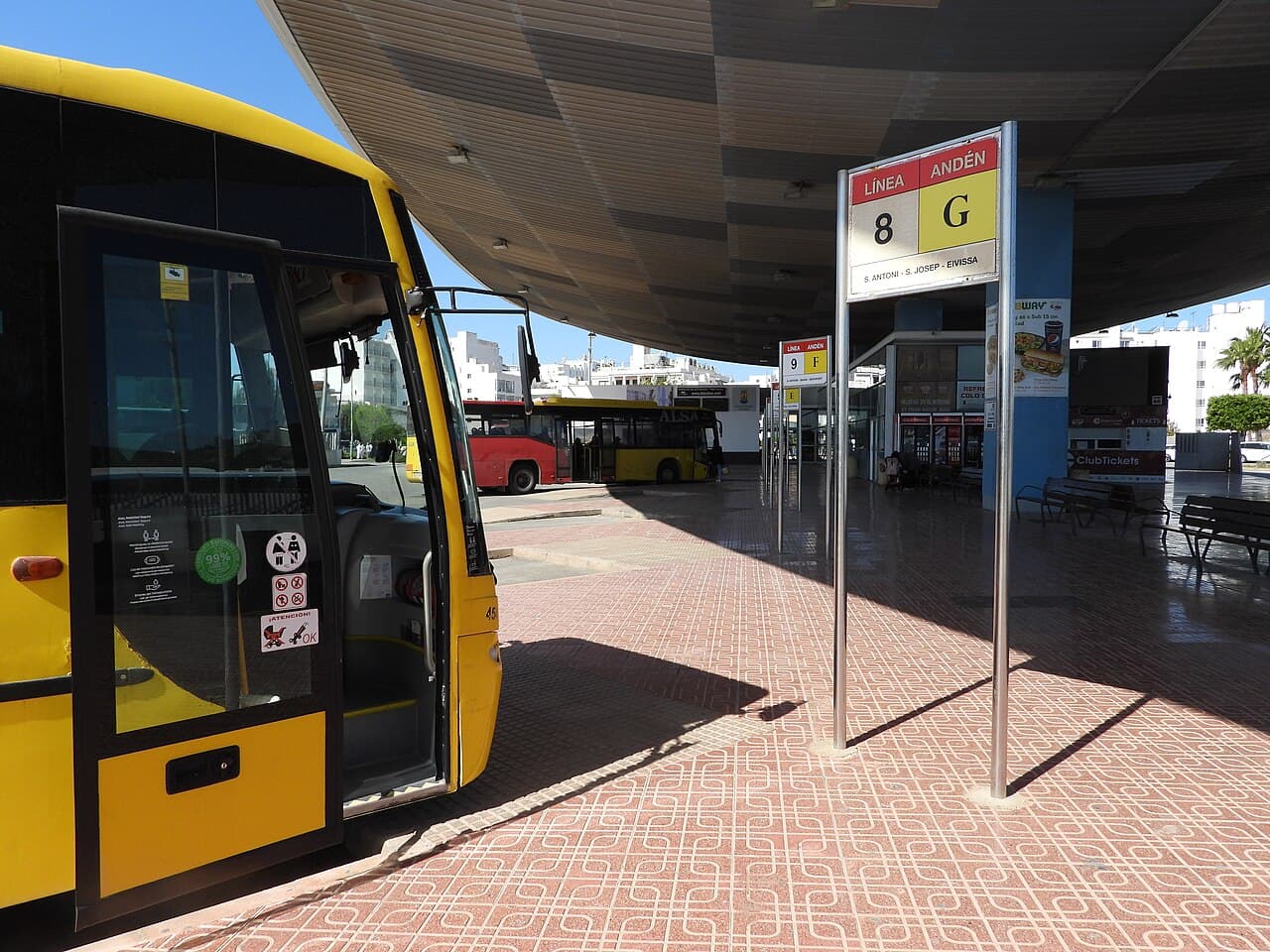 A bus waiting at its platform in the bus station at Sant Antoni, on Ibiza