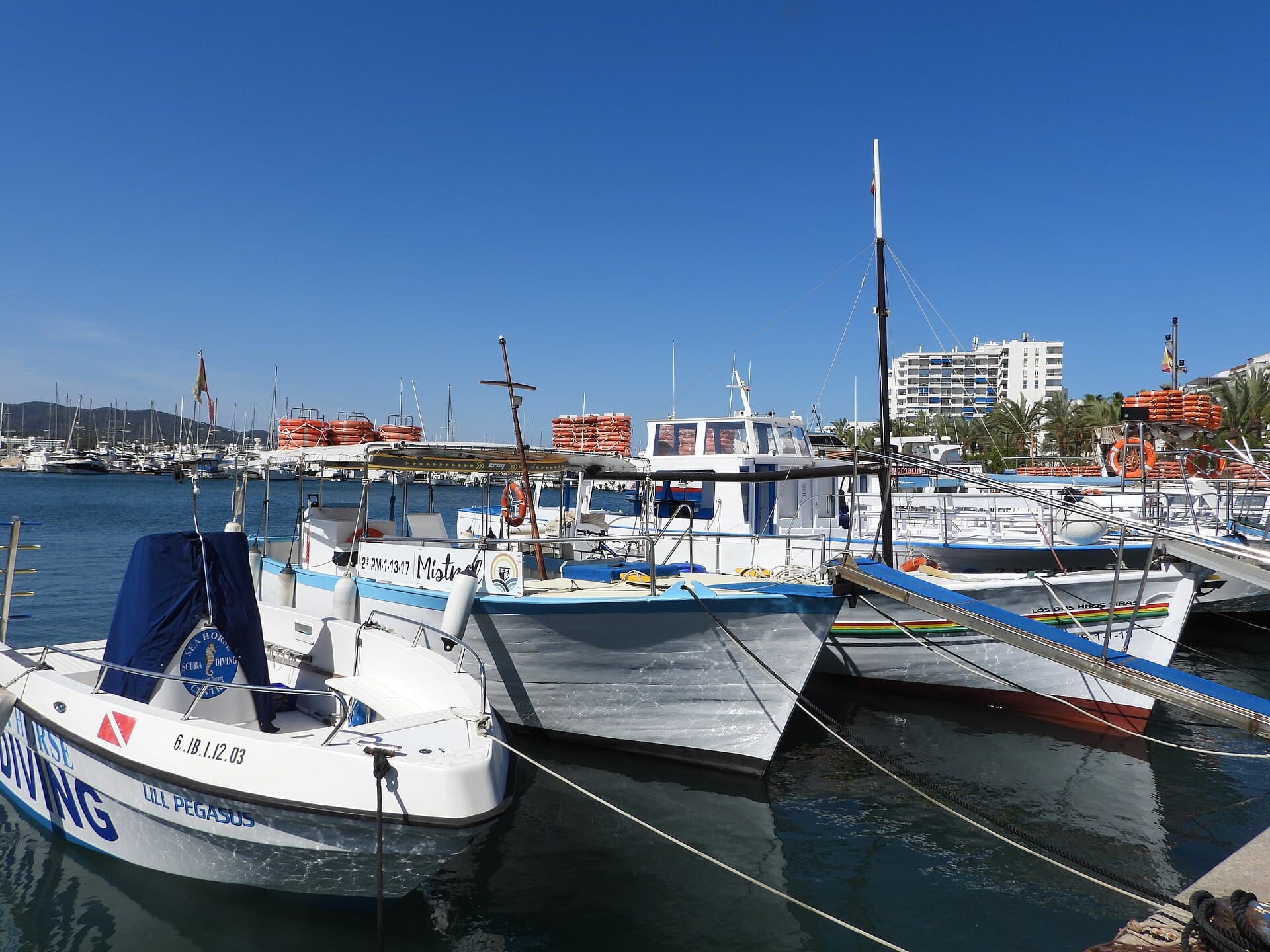 Boats moored in the port at Sant Antoni de Portmany