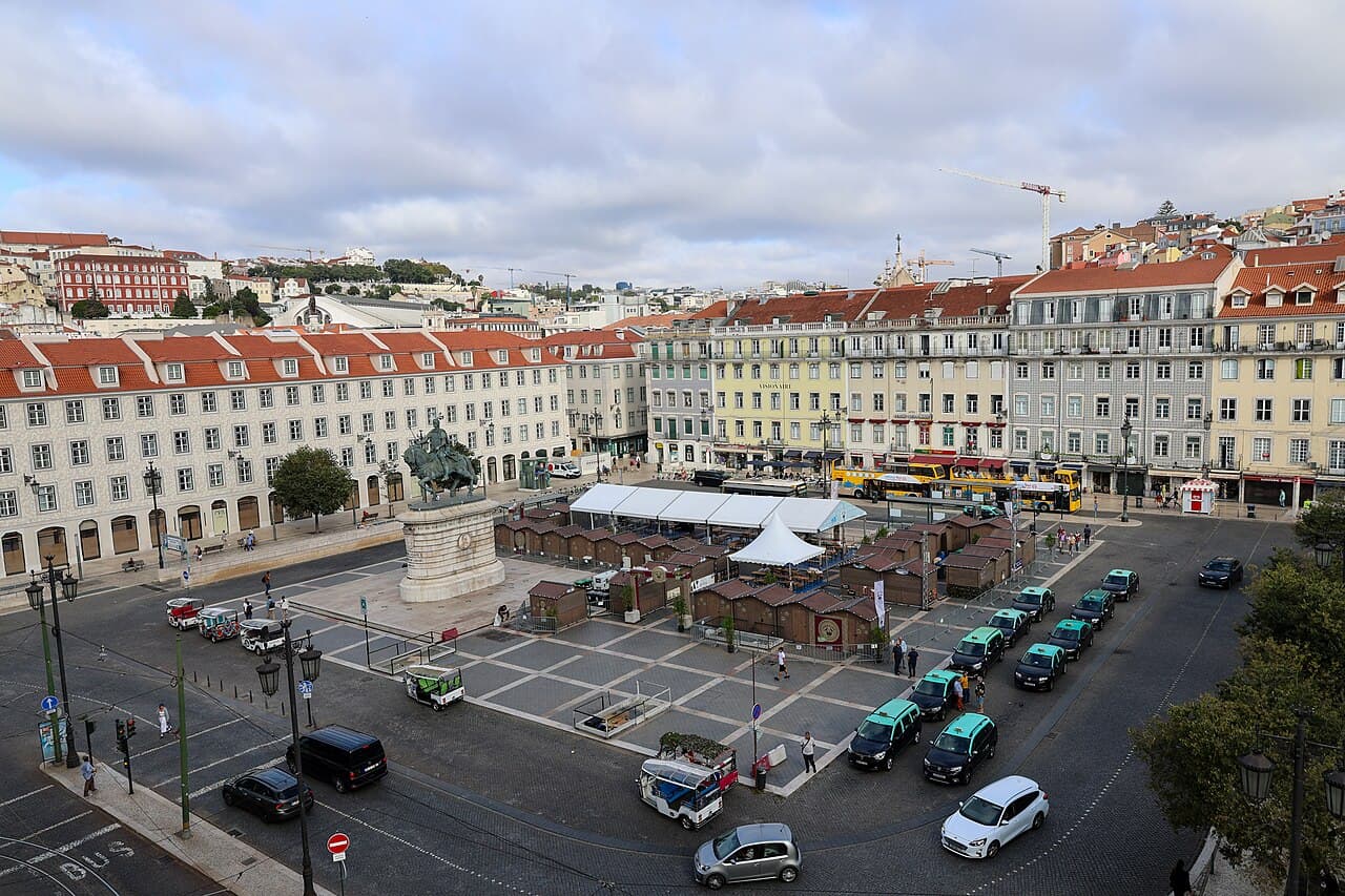 Taxis lined up at a rank on a square in central Lisbon