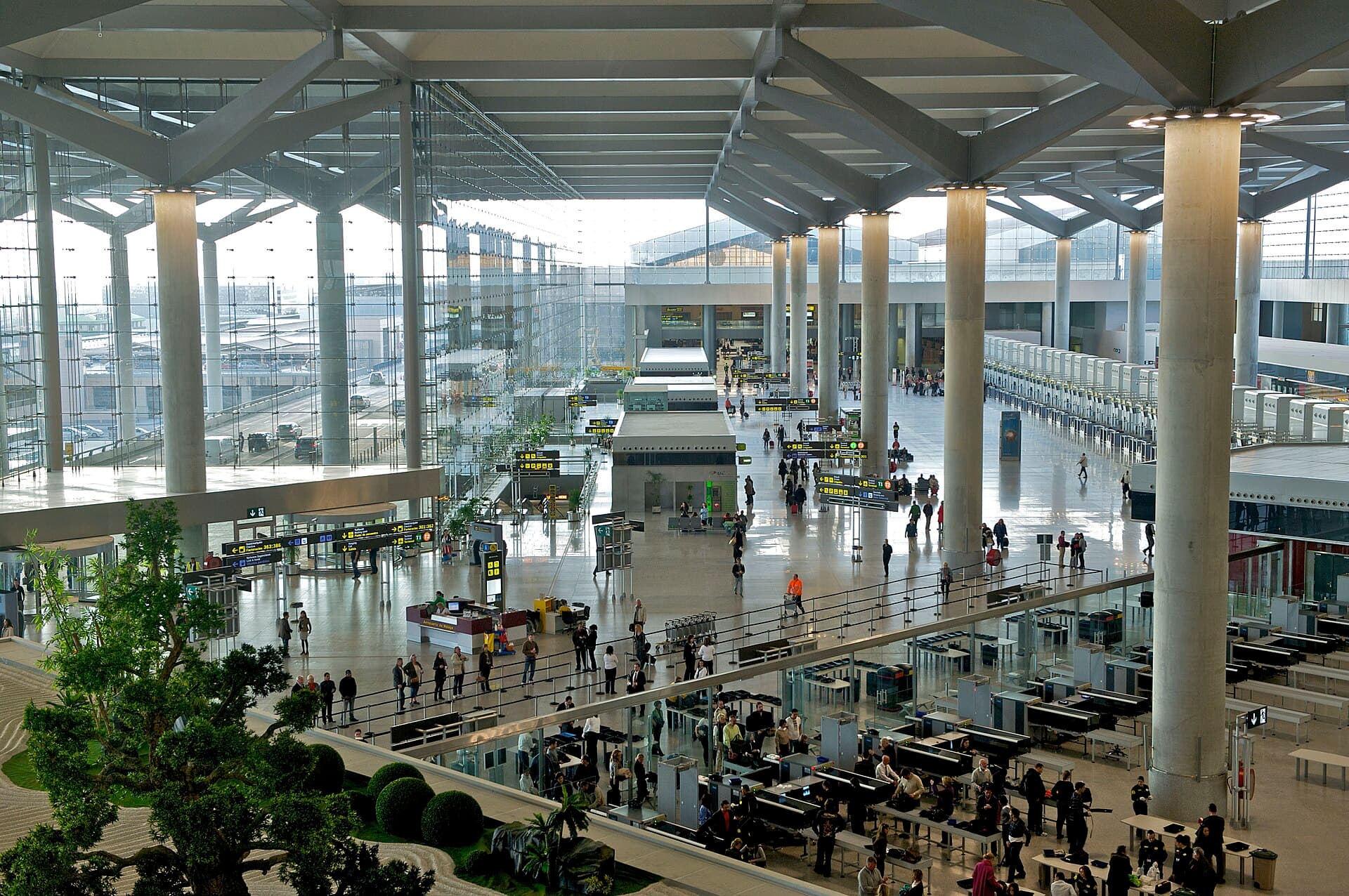 Inside Terminal 3 at Málaga–Costa del Sol Airport, seen from an upper level