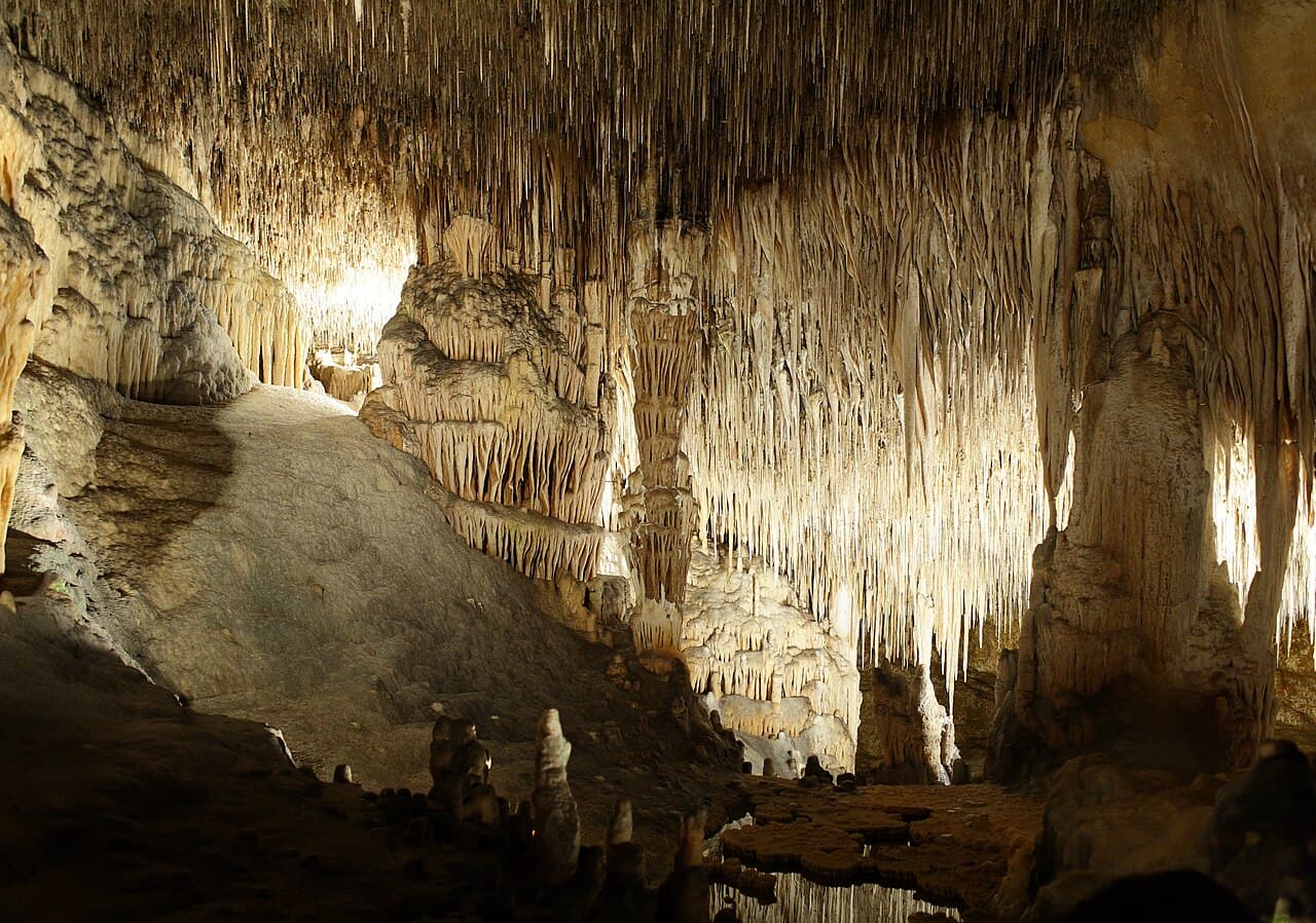 Stalactites and limestone formations lit inside the Caves of Drach