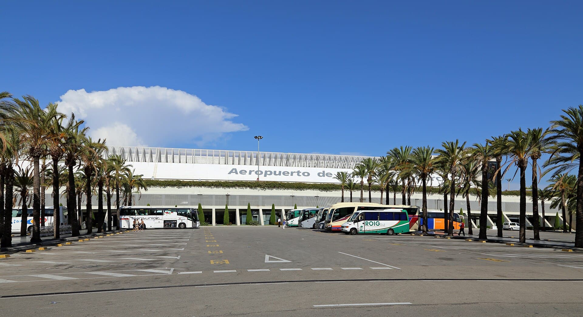 The terminal building of Palma de Mallorca Airport behind a row of palm trees
