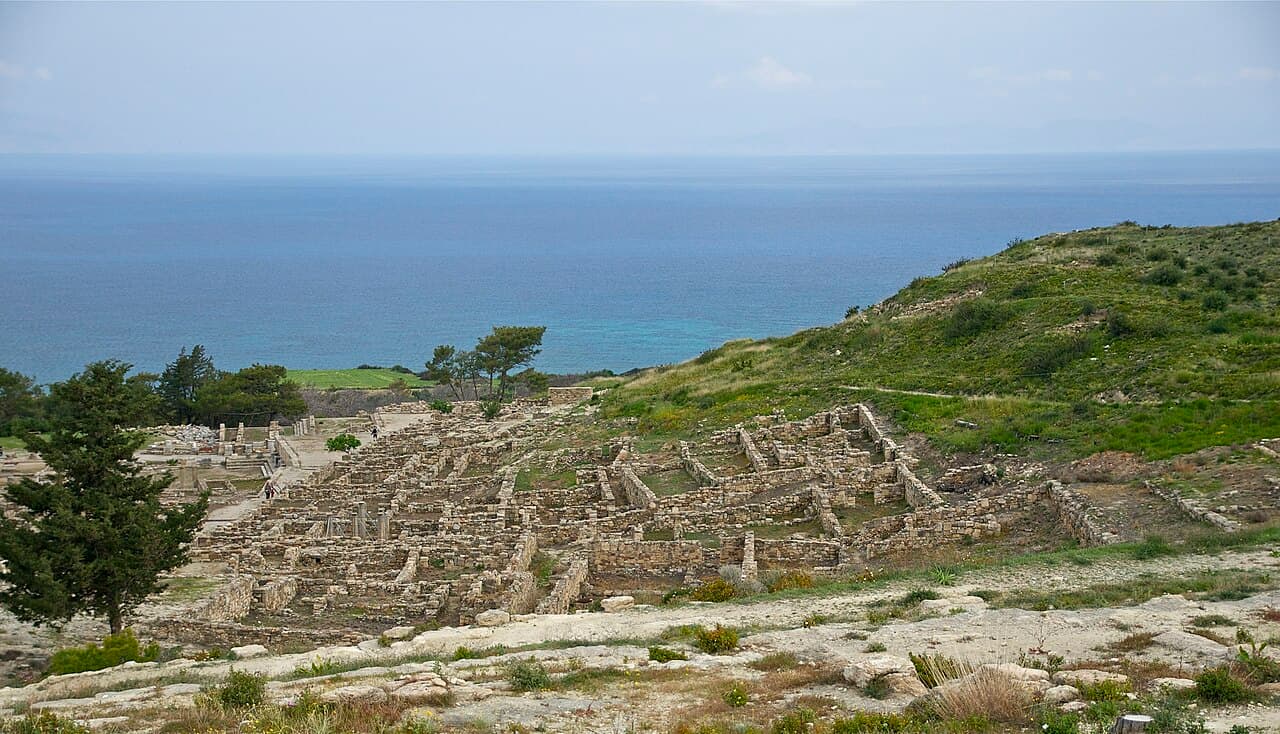 The ruins of ancient Kamiros on a hillside above the sea