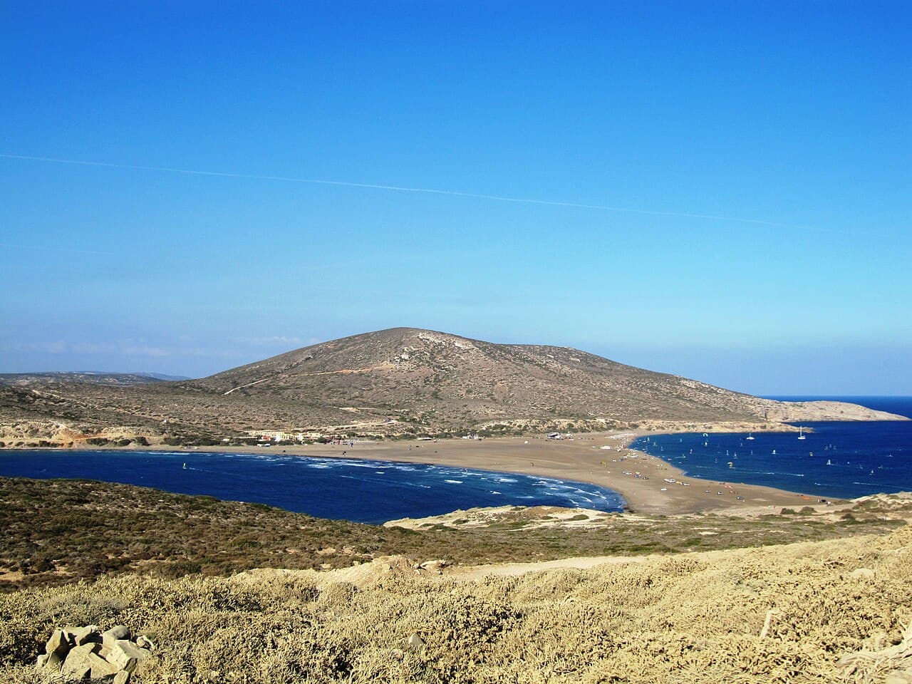 The sandbar linking Prasonisi to the southern tip of Rhodes, with sea on both sides