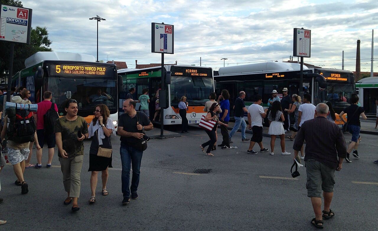ACTV buses at the Piazzale Roma terminus in Venice, one signed for Marco Polo Airport