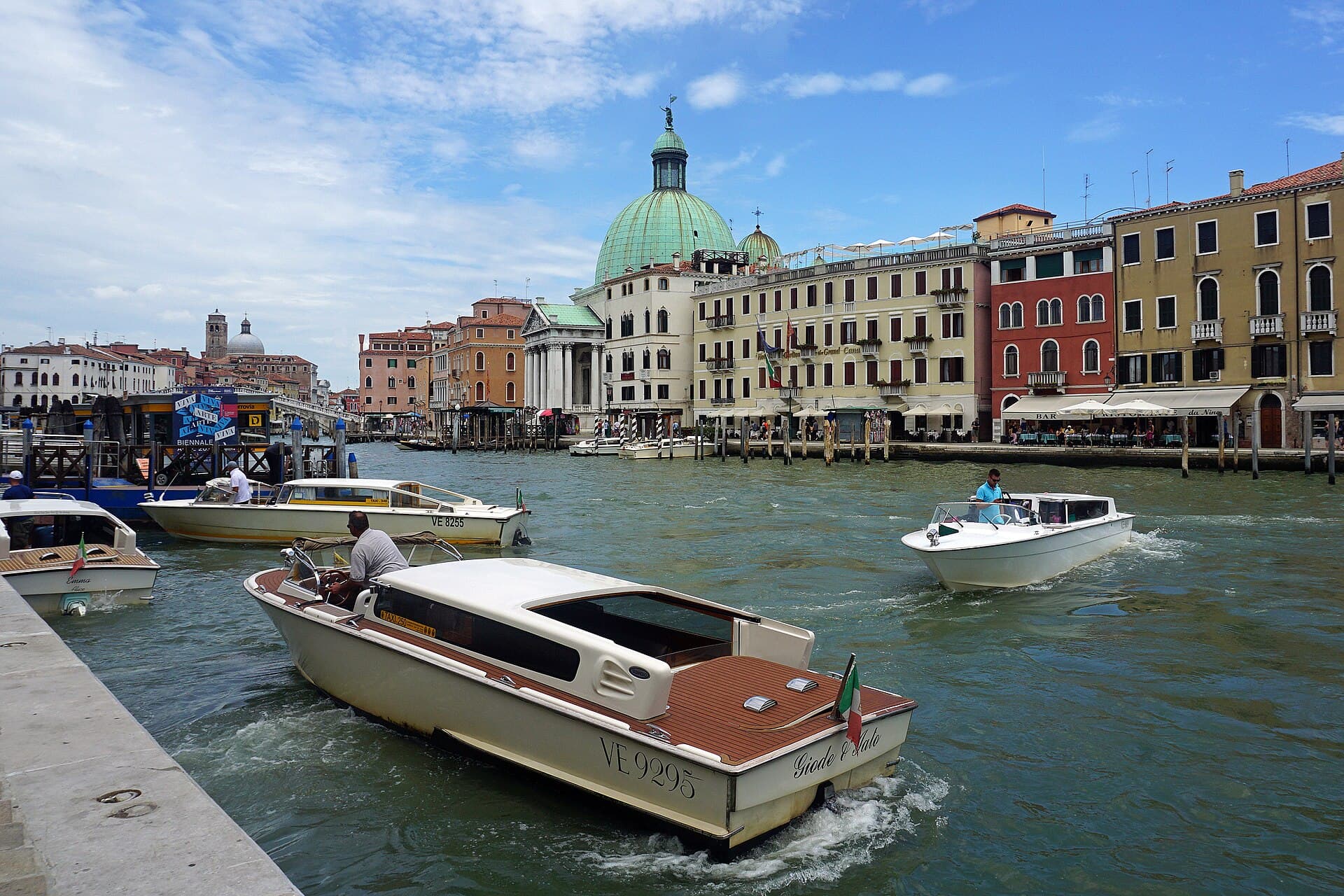 Wooden water taxis moored on the Grand Canal in Venice