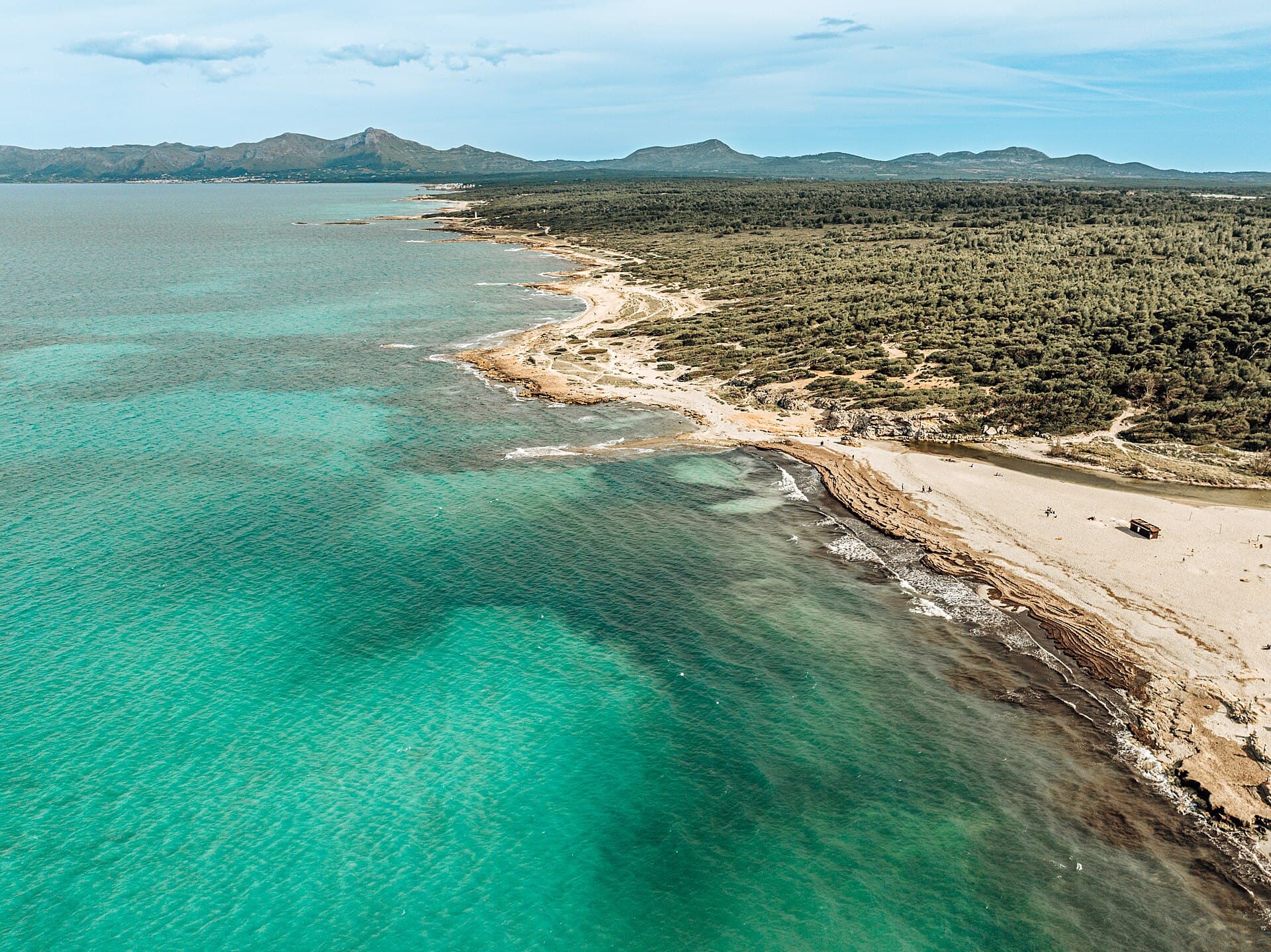 Aerial view of the clear shallow water and beach at Can Picafort
