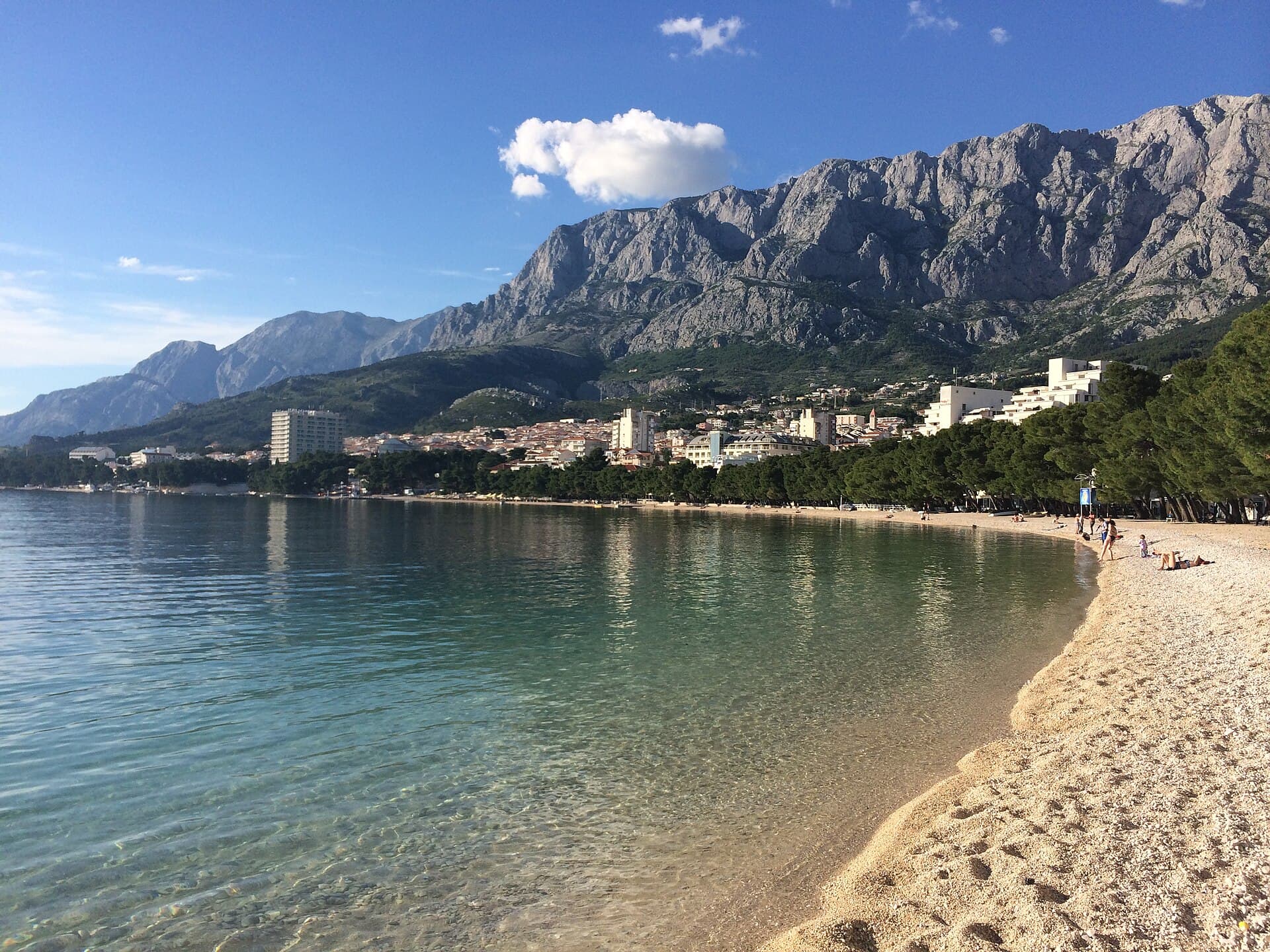 The beach at Makarska with the Biokovo mountains behind it