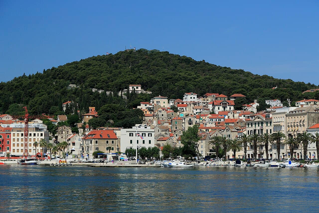 The pine-covered Marjan hill rising above the waterfront of Split