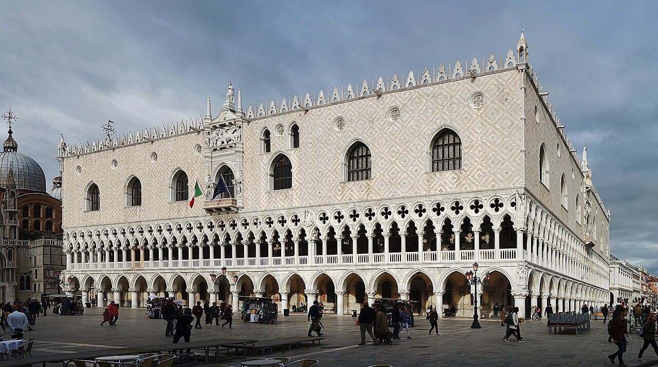 The Gothic façade and arcades of the Doge’s Palace in Venice