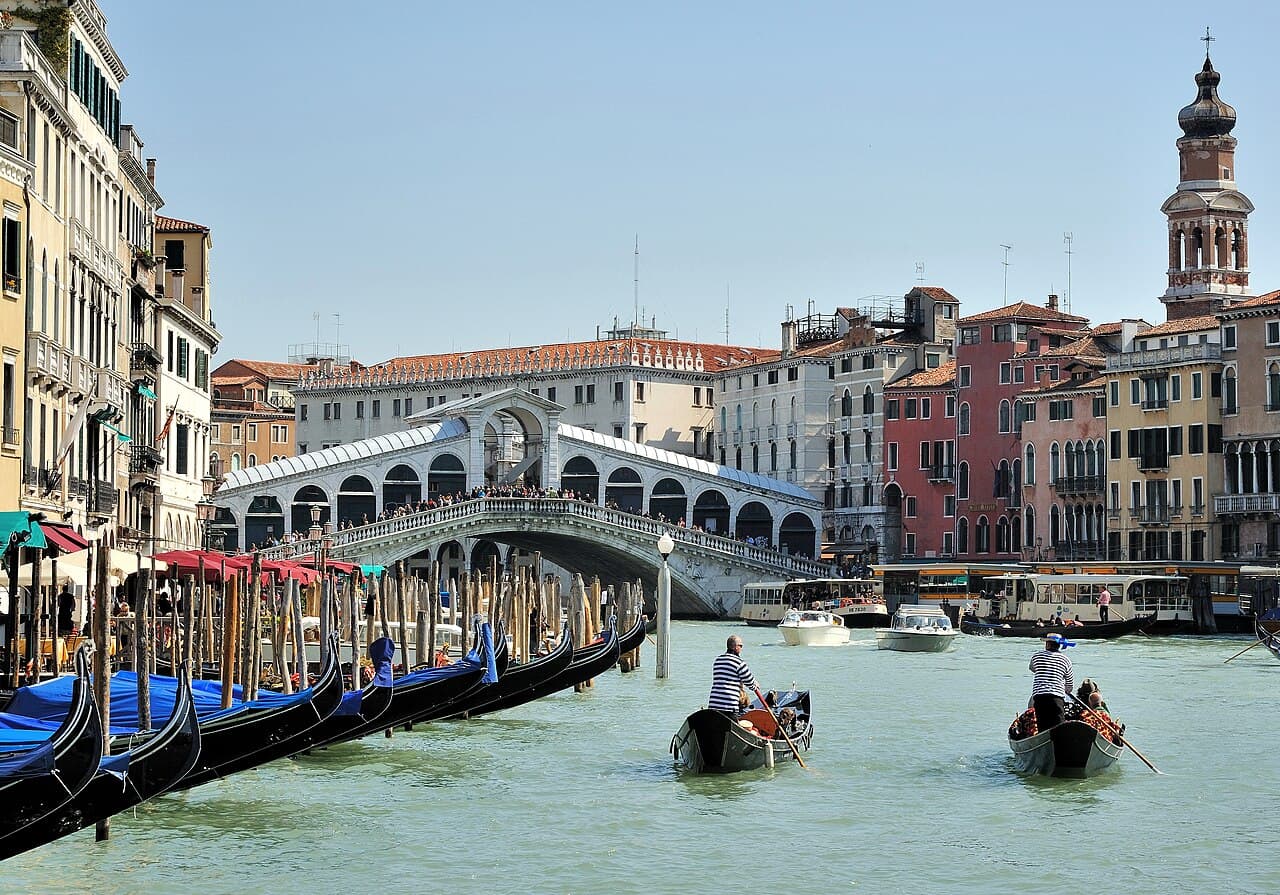 Gondolas on the Grand Canal in front of the Rialto Bridge