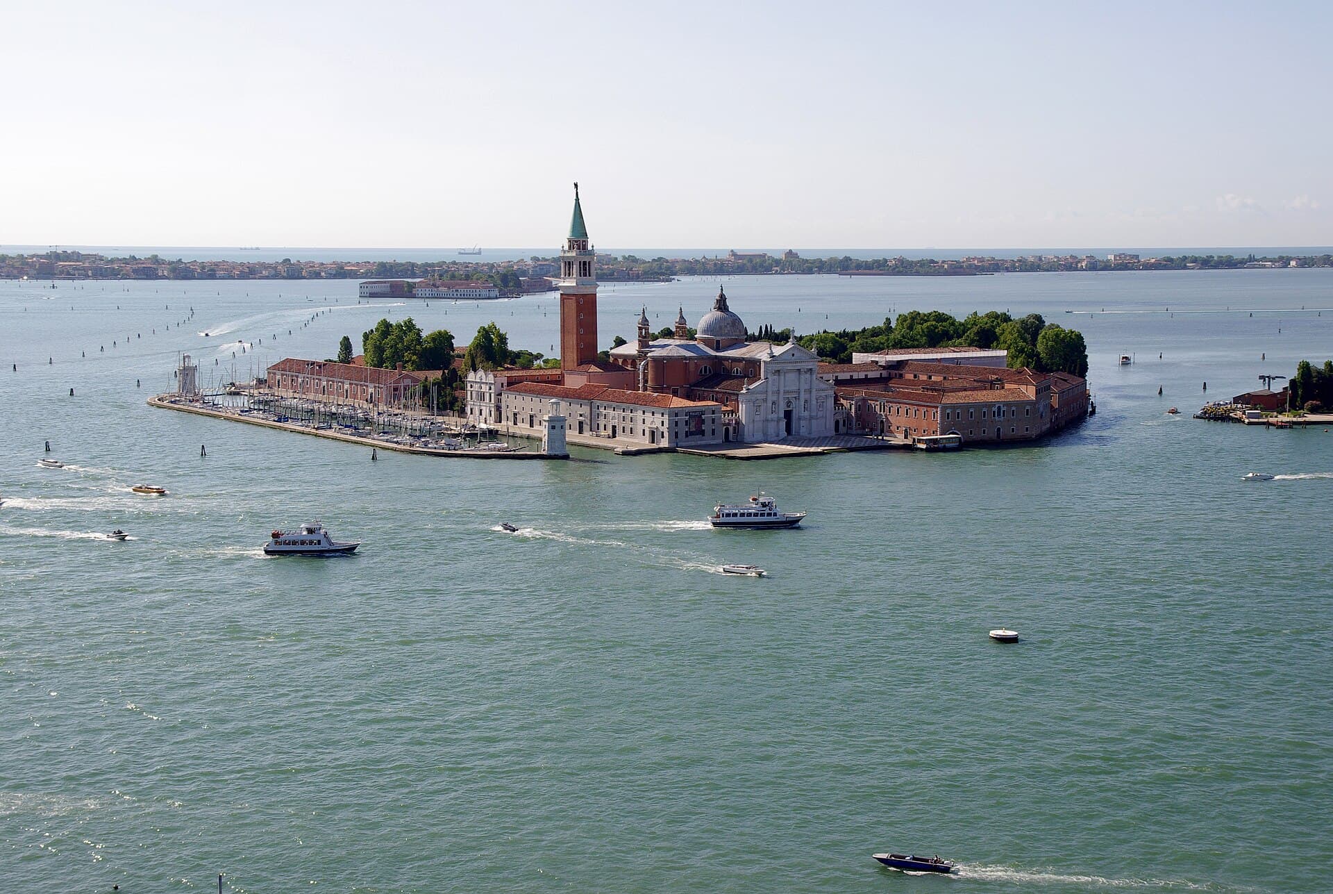 The island of San Giorgio Maggiore and its campanile in the Venetian lagoon, seen from above