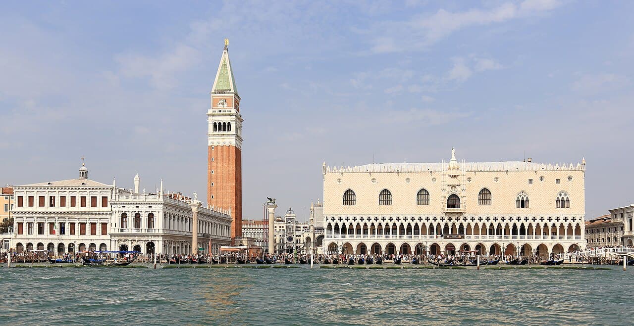 St Mark’s Campanile and the Doge’s Palace above the waterfront of St Mark’s Basin